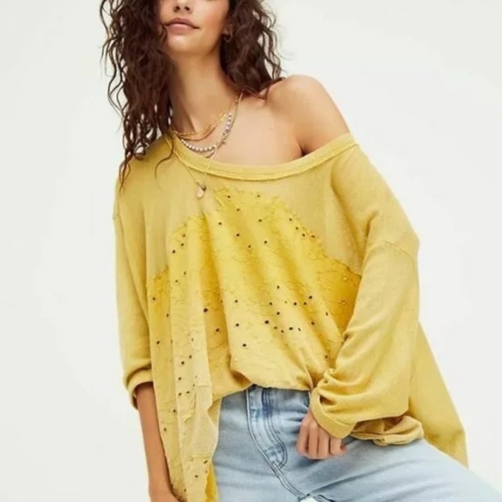 FREE PEOPLE - Palm Tree Dreams Tee Eyelet Oversized Yellow Gauzy Tunic - Small